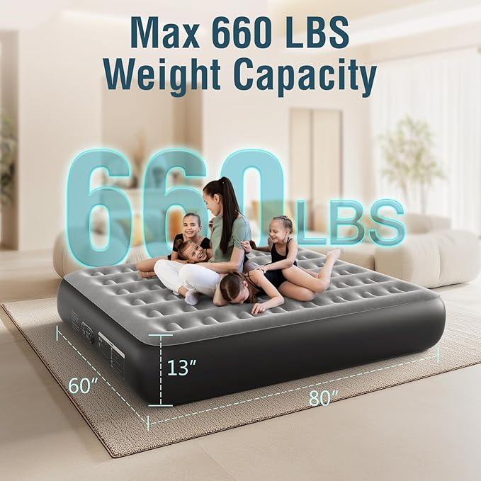 Air Mattress Queen with Built in Pump 13" Double Height Inflatable Mattress with Soft Flocked Top & Carry Bag Adjustable Blow Up Mattress Portable Air Bed for Guest Indoor