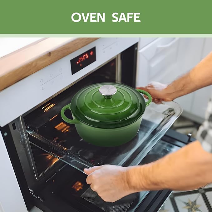 4.5 Quart Dutch Oven Enameled Cast Iron with Lid - Big Dual Handles - Oven Safe up to 500°F - Classic Round Pot for Versatile Cooking Green