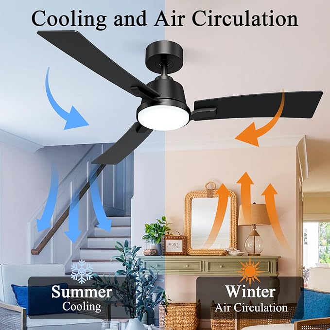 52 Inch Ceiling Fans with Lights,Low Profile Ceiling Fan,Modern Flush Mount,Reversible 6 Speeds,3CCT Dimmable Noiseless Black Ceiling Fans for Living Room,Bedroom and Patio,ETL Listed