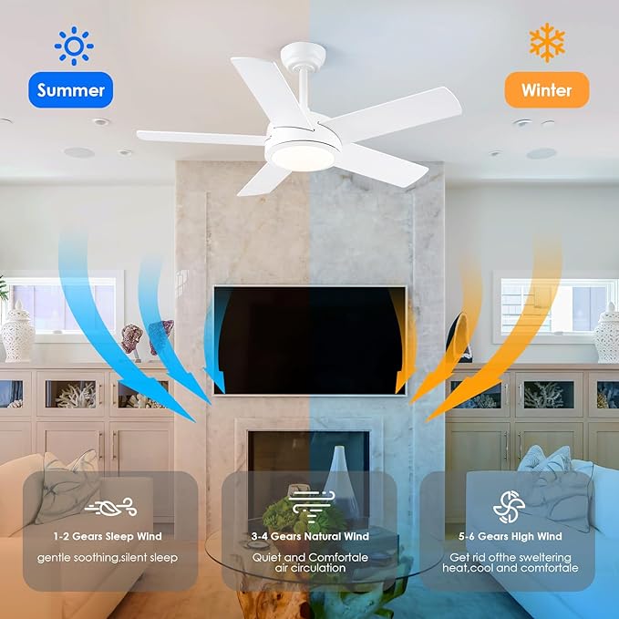 Ceiling Fans with Lights - 42" Low Profile Ceiling Fan Lights with 5 Blades, White Modern Ceiling Fan with Lights and Remote/APP, Dimming, 3CCT, Fan Light Fixture for Indoor Covered Outdoor