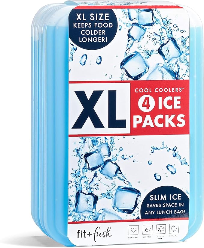 Cool Coolers by Fit & Fresh 4 Pack XL Slim Ice Packs, Quick Freeze Space Saving Reusable Ice Packs for Lunch Boxes or Coolers, Blue, 239ICE, 4 count (Pack of 1)