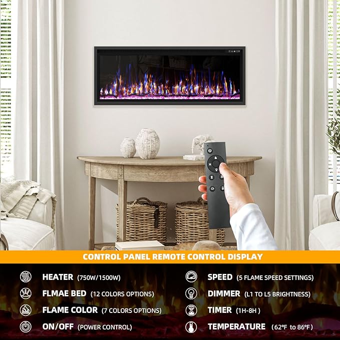 BREEZEHEAT 50 Inch Electric Fireplace-Recessed & Wall Mounted Linear Fireplace-750/1500W Heater w/Temperature Control, Log & Crystal Options, Adjustable Flame, Remote Control