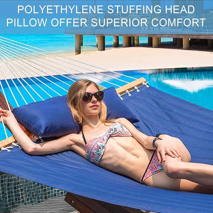 Lazy Daze Hammocks 12 FT Double Quilted Fabric Hammock with Spreader Bars and Detachable Pillow, 450 LBS Weight Capacity, Navy Blue