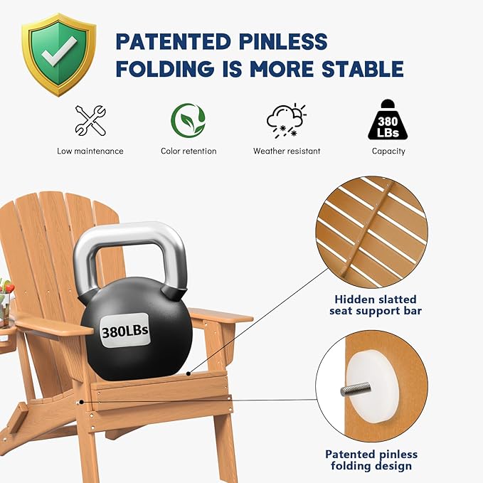 Folding Adirondack Chair, Cup Holder,SGS Tested, Wooden Textured, Heavy All-Weather HDPE Comfortable Set Poolside Backyard Lawn Teak Set 2