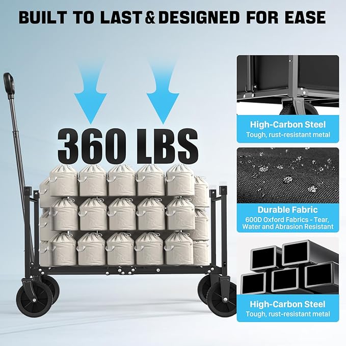 Collapsible Wagon, Heavy Duty Wagons Carts Foldable with Wheels, 150L Utility Wagon with 360LBS Capacity Wagon Cart with Wheels Foldable for Shopping, Groceries, Camping, Sports, Beach, Black