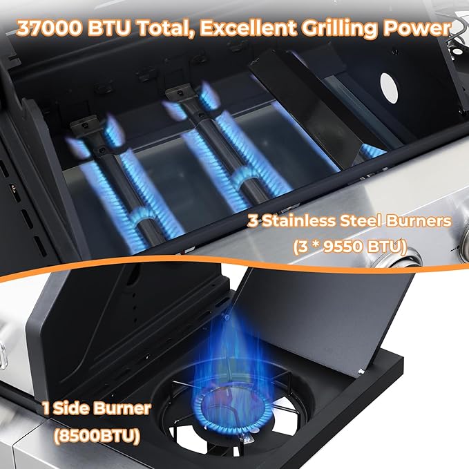 3 Burner Gas Grill with Side Burner, Dual-sided Frying Plate, Thermometer, Wheels, Side Tables, Stainless Steel Burner, 37,230 BTU Outdoor Grill for Patio, Garden, Balcony