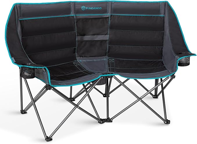 FUNDANGO Double Camping Chair with Cooler, 2 Person Folding Oversized Loveseat Camp Chairs for Adults Fully Padded Couch with Cup Holder Carry Bag for Outdoor Lawn Beach Patio Support 660 LBS
