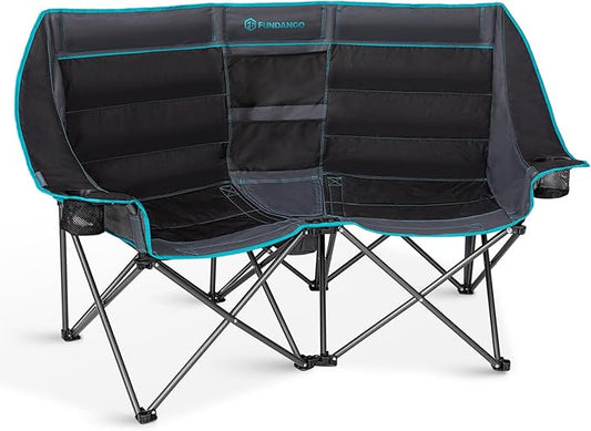 FUNDANGO Double Camping Chair with Cooler, 2 Person Folding Oversized Loveseat Camp Chairs for Adults Fully Padded Couch with Cup Holder Carry Bag for Outdoor Lawn Beach Patio Support 660 LBS