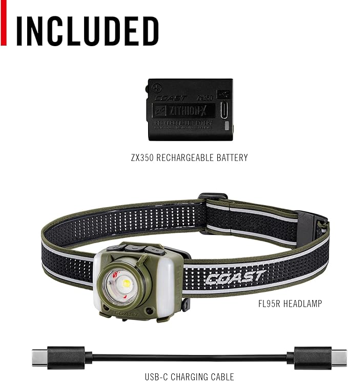 Coast FL95R 1250 Lumen Rechargeable Plus LED Headlamp with Green, Red and Area Light Modes and Glide Focus