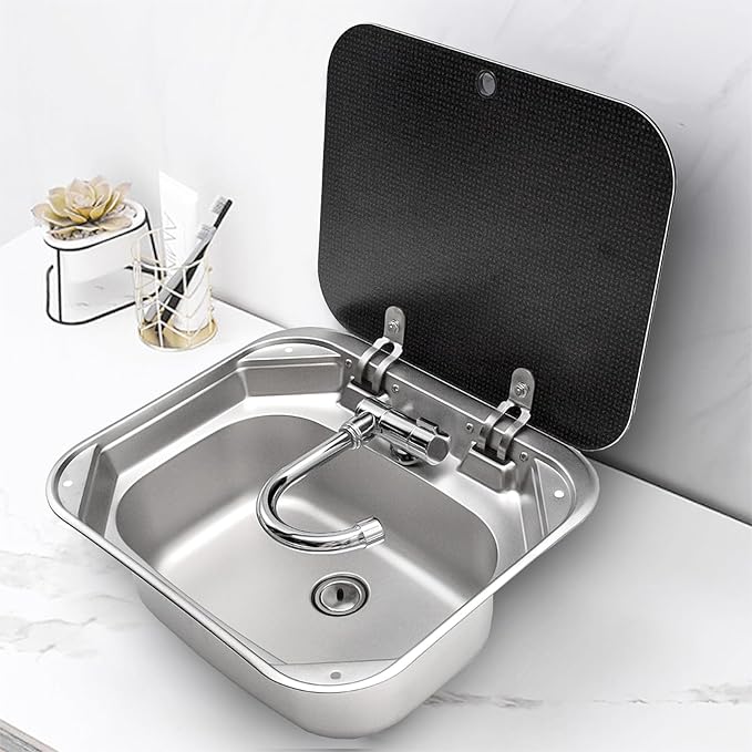 Portable RV Sink, 16.54×14.57×5.91 Inch Small Stainless Steel Bar Camping Sink with Folde Faucet and Tempered Glass Cover for Camper Trailer Caravan