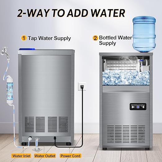 Commercial Ice Maker Machine with 40 lbs Storage Bin, 140 lbs/24H Built in Ice Machine with 2-Water Inlet Options, Stainless Steel Under Counter Freestanding Ice Maker for Home, Bar, and Restaurant