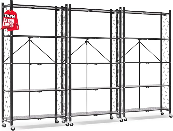 ALANNG 70.7" H Metal Storage Shelves, 5 Tier Folding Shelf on Wheels, Heavy Duty, No Assembly, Rolling, Collapsible Rack Unit for Kitchen, Basement, Pantry (Black,3 Pack)