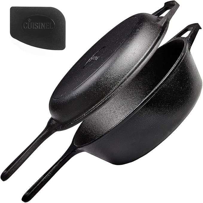 Cuisinel Cast Iron 2-In-1 Multi Cooker - 3-Quart Dutch Oven and Skillet Lid Set Oven Safe Cookware + Black Pan Scraper - Use As Dutch Oven and Frying Pan - Indoor and Outdoor Use - Grill, Stovetop