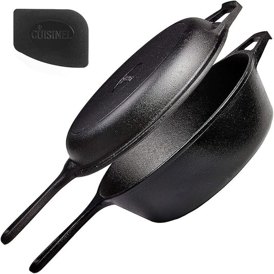 Cuisinel Cast Iron 2-In-1 Multi Cooker - 3-Quart Dutch Oven and Skillet Lid Set Oven Safe Cookware + Black Pan Scraper - Use As Dutch Oven and Frying Pan - Indoor and Outdoor Use - Grill, Stovetop