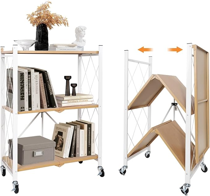 3 Tier Folding Shelf with Wheels, Metal Steel Collapsible Shelves, Folding Bookshelf no Assembly, Portable Folding Storage Shelves, Rolling Standing Utility Rack for Kitchen, Office, Bedroom, Natural