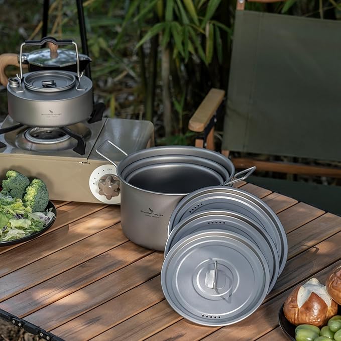 iBasingo 1.2L Titanium Soup Pot with Lid Camping Cookware with Foldable Handle Portable Lightweight Outdoor Kitchen Cooking Kit Backpacking Hiking Picnic Fishing Mountaineering Ti2106C (1 pc)