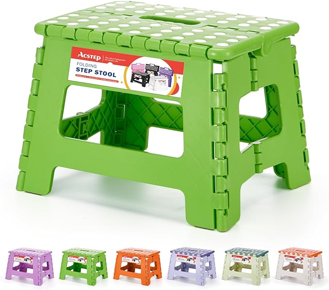 ACSTEP 9 Inch Folding Step Stool 300 LB Capacity Plastic Foldable Step Stools for Kids and Adults, Folding Stool Suitable for Kitchen, Stepping Stool with Handle Green Small Step Stool 1PC