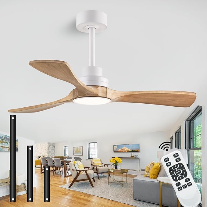 42" Ceiling Fans with Lights with Remote Control, Indoor Outdoor Wooden Ceiling Fan with 3 Wooden Blades for Patio, Living Room, Dining Room, Farmhouse and More. (White + Log Color)…