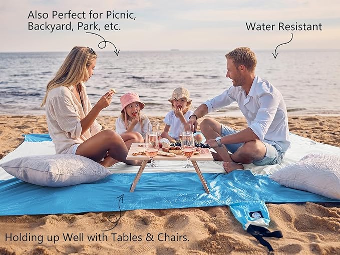 WEKAPO Beach Blanket Sandproof Waterproof, Extra Large Beach Mat, Oversized & Compact Sand Free Mat Quick Drying, Lightweight & Durable with 6 Stakes & 4 Corner Pockets