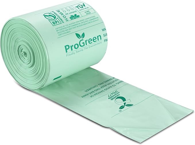 ProGreen Compostable Trash Bags, Extra Thick, Compost Kitchen Bin Bags, Food Scraps Yard Waste Bags, ASTM D6400 BPI and TÜV AUSTRIA Certified (6 Gallon, Pack of 30)