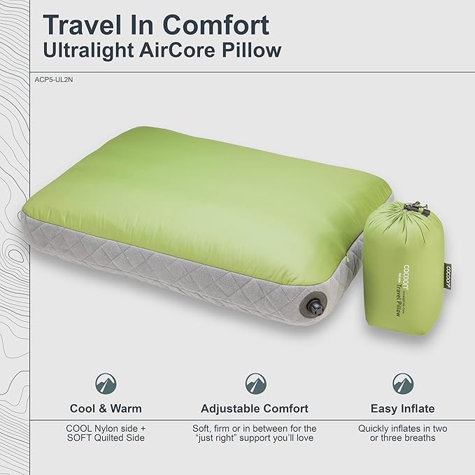 cocoon- Premium - Ultralight AirCore Pillow - Inflatable Camping and Travel Pillow - Full Size 16" x 22" (Wasabi Green)