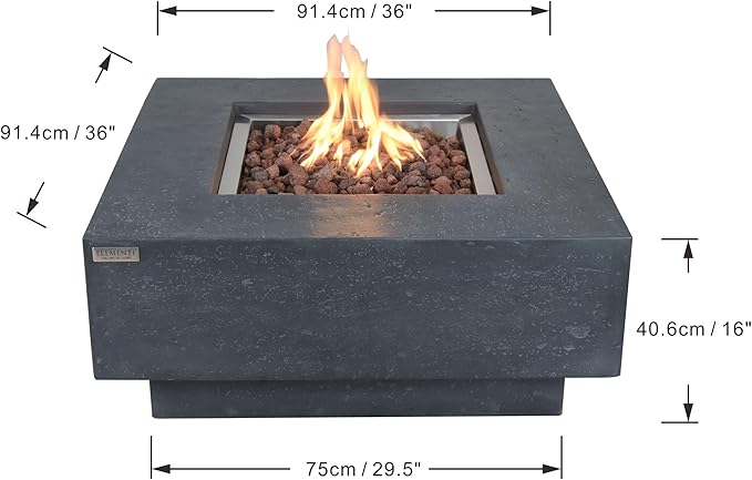 Elementi | Bundle Manhattan Gas Fire Pit Cast Concrete 36" Square Fire Table, Outdoor Fire Pit Electronic Ignition | Canvas Cover, Lava Rock Included | Dark Gray (Natural Gas)