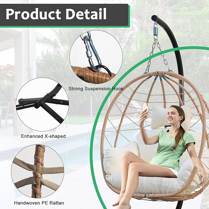 Egg Chair with Stand, Uv-Proof Pe Wicker Hanging Chair for Outdoor Patio, Cushioned Hammock Swing for Bedroom Garden Indoor/Outdoor, Double-Zipper Structure Hanging Egg Chair (Yellow and White)