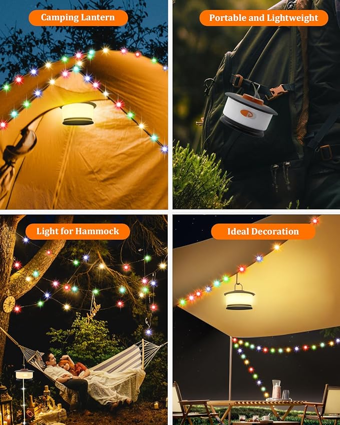 Camping String Lights – 4 in 1 Upgraded RGB Retractable Camping Lights with 19 Lighting Modes, Quick 20s Recovery, Waterproof, 33FT Portable, Rechargeable Tent Light for Camping, Hiking,Travel,Gift
