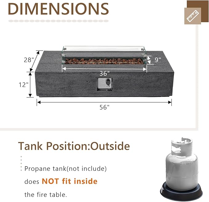 COSIEST 56-inch x 28-inch Outdoor Propane Fire Pit Coffee Table w Concrete Rectangle Base, CSA Certified, 50,000 BTU, Free Lava Rocks and RainCover, Fits 20lb Tank Outside, Wind Guard, Gray