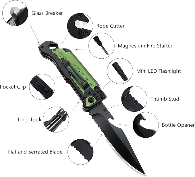 ALBATROSS Professional 6-in-1 Tactical Folding Knife - Survival Multi-Tool with LED Flashlight, Glass Breaker, Fire Starter, Seatbelt cutter - EDC Pocket Knife for Camping, Hunting & Emergency (Green)