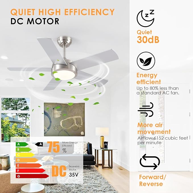 Ceiling Fan with Lights and Remote/APP - 42" Modern Low Profile Ceiling Fan with 5 Reversible Blades, 3CCT Dimmable, Ceiling Fans for Indoor/Covered Outdoor, Brushed Nickel