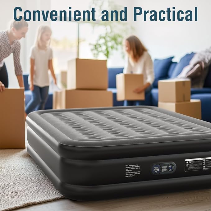 Queen Air Mattress Queen with Built in Pump 16" Double Height Inflatable Mattress with Soft Flocked Top & Carry Bag Adjustable Blow Up Mattress Portable Air Bed for Guest Indoor