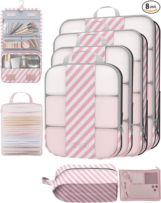 8 Set Compression Packing Cubes for Travel Essentials,Compressible Expandable Packing Cubes for Suitcase,OlarHike Luggage Organizer Bags for Travel,Handy Helper for Organizing Clothes(Pink Stripped)