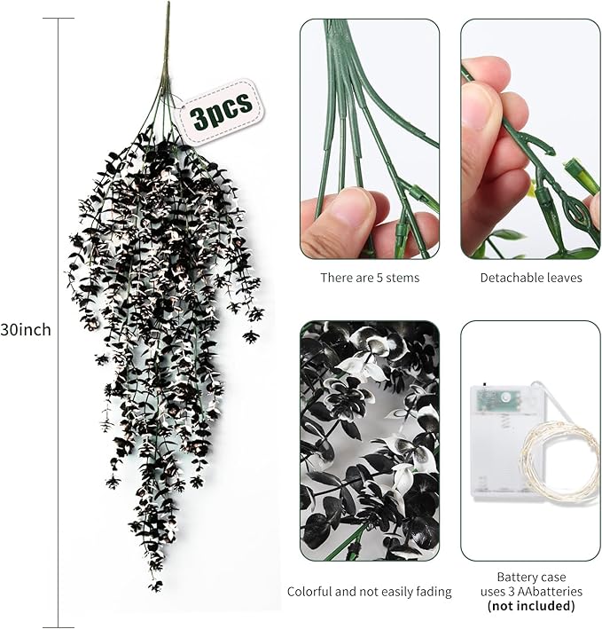 Black Hanging Fake Plants Fake Vines Artificial Plants Faux Hanging Plant with Lights, Artificial Hanging Plants for Indoor Outdoor Wedding Halloween Party Fall Wall Room Door Decor(Black White)