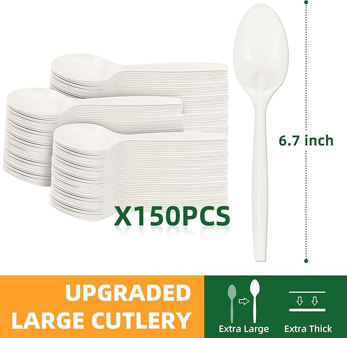 100% Compostable Disposable Spoons, 6.7" 150pcs Heavy Duty Utensils Eco-Friendly Cornstarch Cutlery Durable and BPI-Certified Party Supplies No Plastic, Ivory White