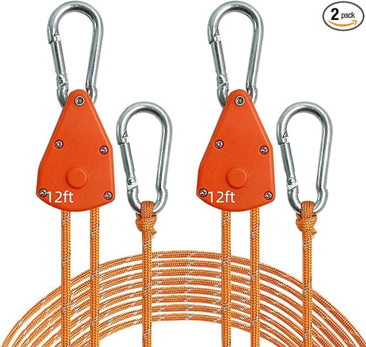 13ft Adjustable Outdoor Windproof Rope Ratchet Strap Tie Down Straps Small Mini Reflctive Paracord Rope Tent Hanger Grow Light Kayak 5/32" Yellow 2 Pack