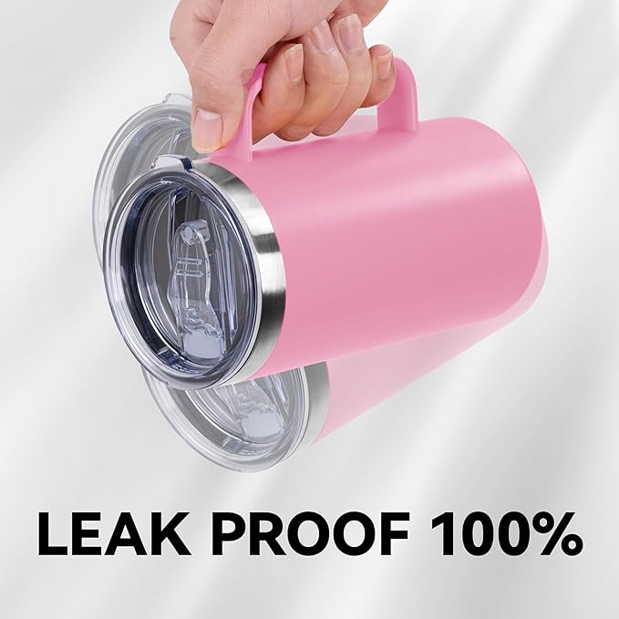 DOMICARE 24oz Mug with Handle and Lid, Stainless Steel Coffee Mug, Travel Mug with Handle, Double Wall Vacuum Coffee Tumbler, Reusable Insulated Cup, Pink, Pack 4