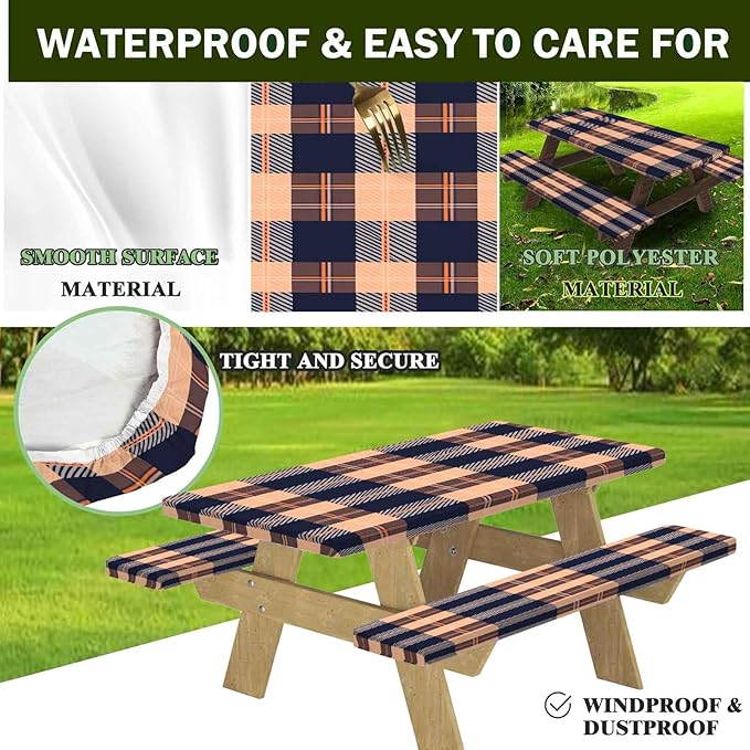 CAPSCEOLL Fitted Picnic Table Cover with Bench Covers with Elastic 6Ft Waterproof Camping Picnic Table Cover Cloths for Outdoors Camping Tablecloth with Drawstring Bag, 72X30in, Autumn Plaid