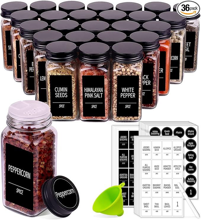 Churboro 36 Spice Jars with 547 Labels- Glass Spice Jars with Black Metal Caps, 4oz Empty Spice Containers with Shaker Lids, Funnel, Chalk Pen, Square Seasoning Bottles for Spice Rack, Drawer, Cabinet