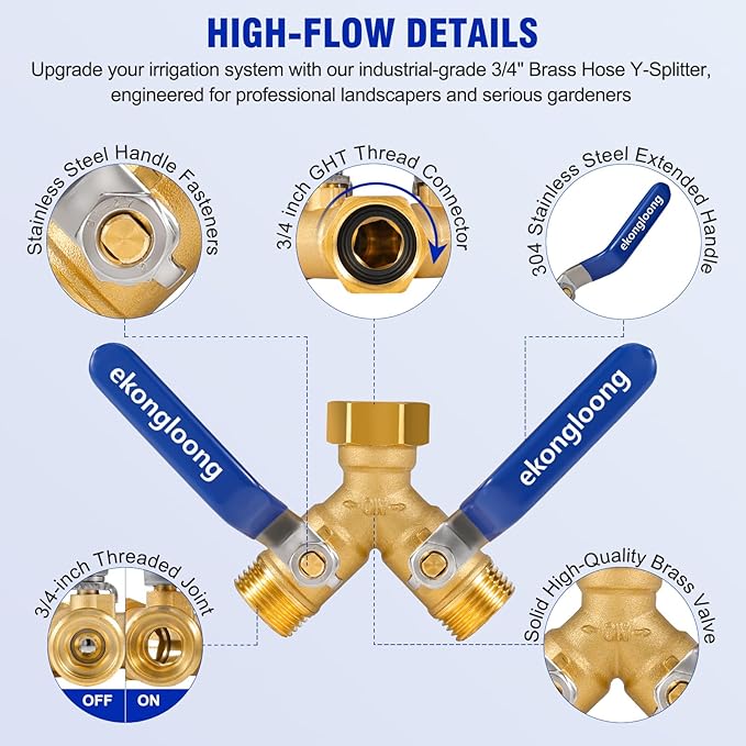 Brass Hose Splitter 2 Way Heavy Duty with Long Handle Switch, Y-Way Water Faucet with 3/4" GHT Thread, Heavy Duty Hose Connector for Lawn Irrigation/Outdoor Sprinkler System(Only Splitter)