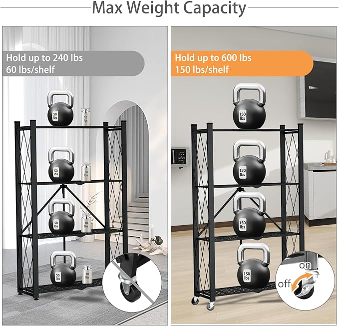 4 Tier Foldable Storage Shelf with Wheels, Heavy Duty Folding Shelf Loads 600 LBS, Metal Steel Collapsible Shelves, Rolling Standing Utility Rack for Kitchen, Pantry, Office, Black