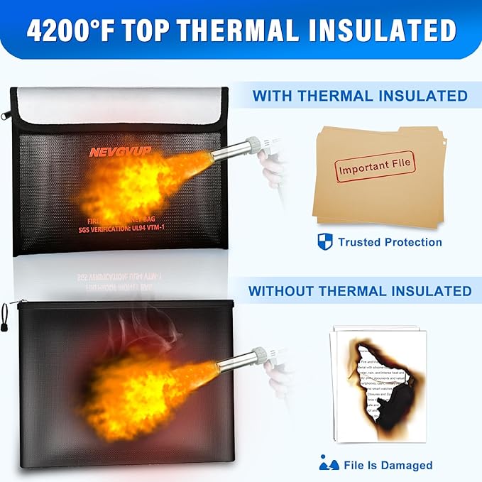 4200°F Fireproof Money Bag - Upgraded Heat Insulated, 9.8 x 6.5" Small Fireproof Document Bags with Waterproof Zipper, fire Water Proof Safe Pouch Set for Valuables, Fireproof Edging, Fire Bag 2packs