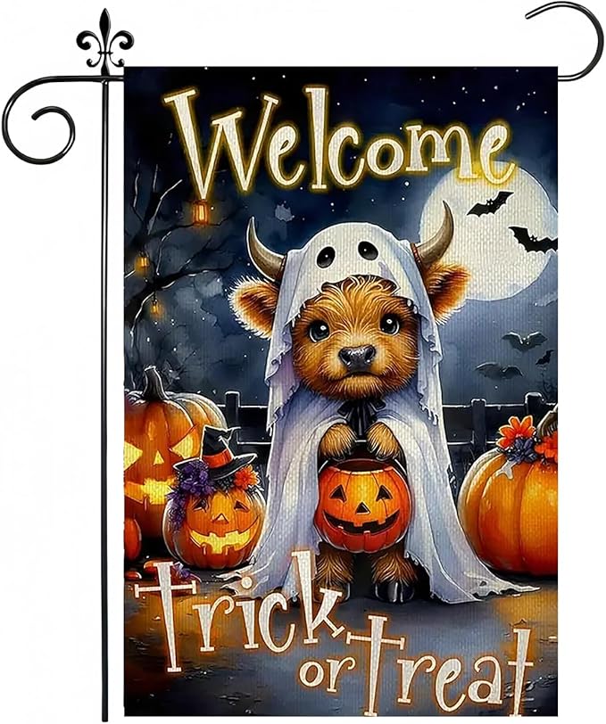 Halloween Garden Flag for Outside 12x18 Inch Double Sided, Cow Pumpkin Small Yard Flags for Outside, Outdoor Welcome Flag Front Porch Decorations for Home