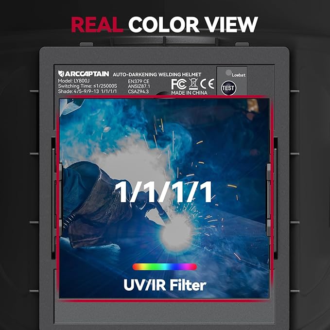 ARCCAPTAIN 3.94"X3.66" Welding Helmet Auto Darkening, 1/1/1/1 Top Optical Clarity Large Viewing Screen Solar Power Welding Hood with 4 Arc Sensor, Wide Shade 4-5/5-9/9-13 for TIG MIG ARC Welding Cut