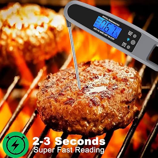 Instant Read Meat Thermometer for Kitchen Cooking, Ultra Fast Precise Waterproof Digital Food Thermometer with Backlight, Magnet and Foldable Probe for Deep Fry, Outdoor BBQ, Grill(Grey)