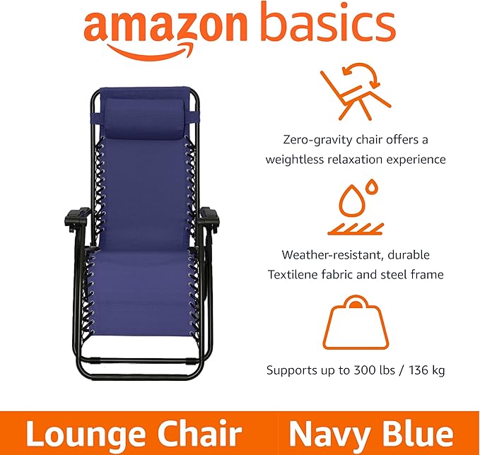 Amazon Basics Outdoor Patio Zero Gravity Lounge Chair with Pillow, Folding Reclining and Textilene Adjustable, Folding Lounge Lawn Chairs for Outside, 26", Blue
