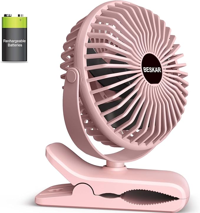 BESKAR Portable Clip on Fan Rechargeable, 4 Speeds Small Battery Operated Fans, USB Desk Fan with Strong Airflow, Sturdy Clamp Fans for Golf Cart Office Outdoor Travel Camping