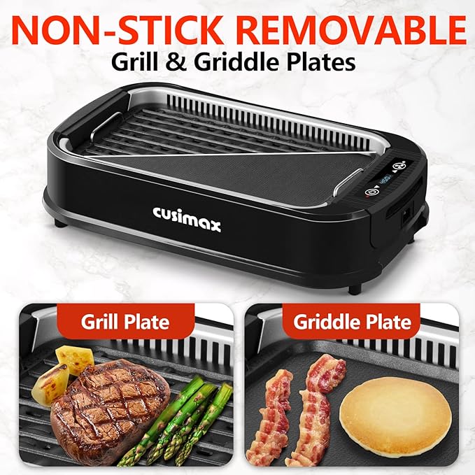 Indoor Grill, CUSIMAX Smokeless Grill Indoor, 1500W Electric Grill Griddle Korean BBQ with LED Smart Display & Tempered Glass Lid, Non-stick Removable Grill Plate & Griddle Plate, Black