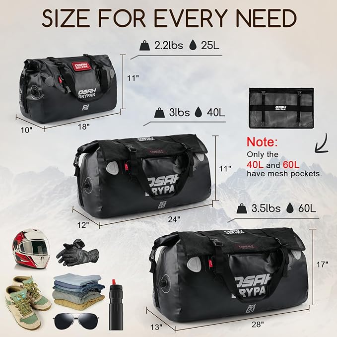 Waterproof Duffel Bag - Motorcycle Dry Bag Tail Bag with Large Storage Space, Waterproof Luggage Duffle Bags with Outer Mesh Zipper Pocket for Camping, Kayaking, Fishing & Traveling