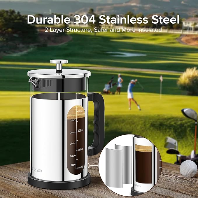 French Press Coffee Maker, 304 Stainless Steel Cold Brew Coffee Maker with 4 Filter, Heat Resistant Borosilicate Glass, Easy to Clean, BPA Free Iced Coffee Maker Rust-Free Coffee Press, 34ounce,Silver